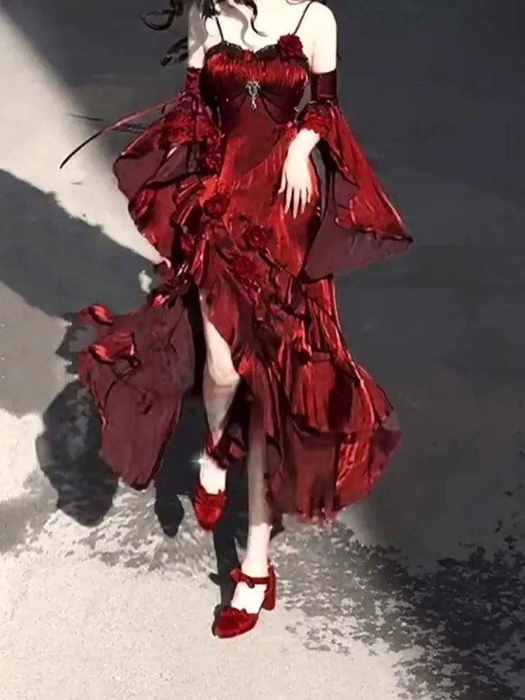 🌹👑 Vestido Lolita Sirena Rosa Roja – Elegante Vestido de Diosa para Ceremonias y Eventos 👑🌹