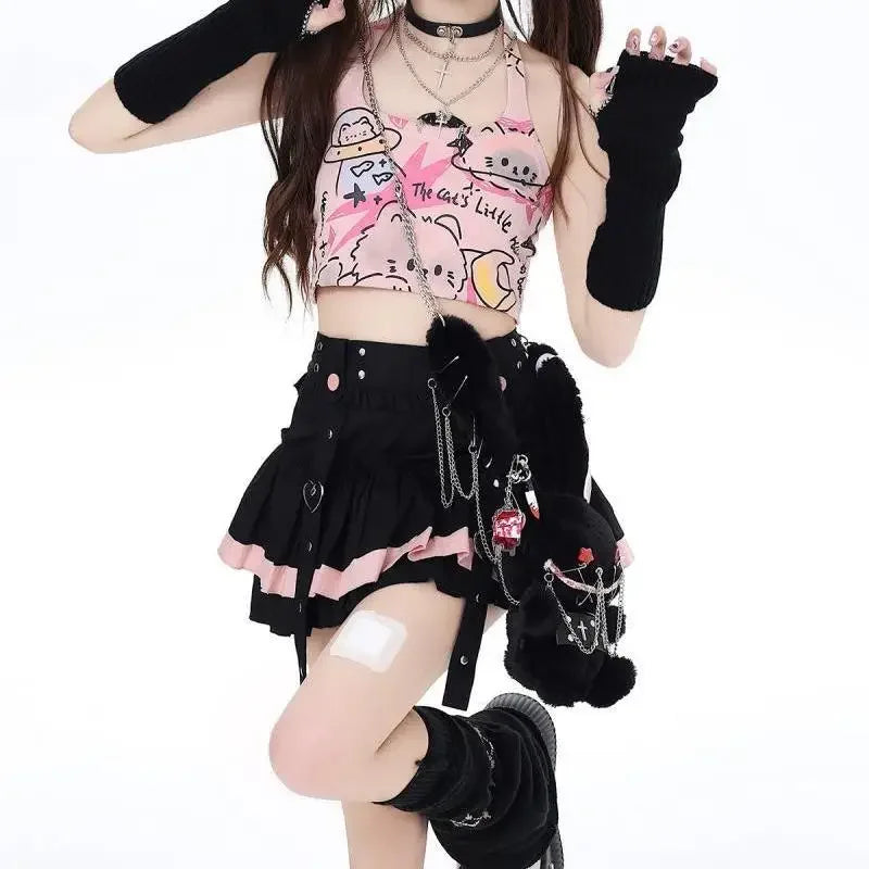 🐱🎨 Kitten Graffiti – Set de Verano con Top Halter y Falda Mini Estampada 🍰👗 Outfit Dulce y Picante para Mujer 🔥☀️