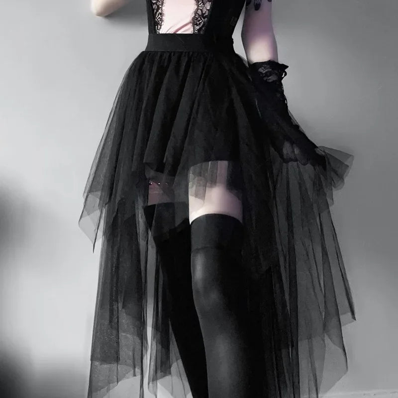🖤✨ Falda Versátil para Mujer Estilo Gótico 🎀 Tulle Irregular de Cintura Alta Sexy Casual Harajuku Y2K Vintage