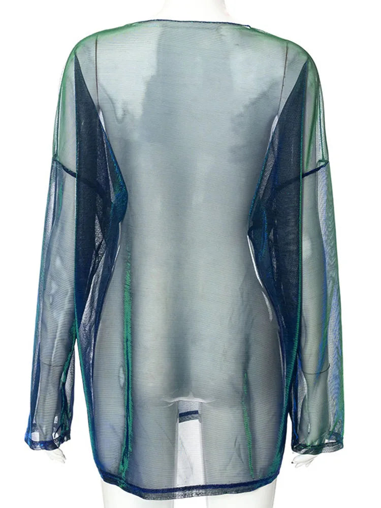 🔥👚 Camiseta Transparente Sólida para Mujer – Top Sexy de Manga Larga, Cuello Redondo, Estilo Y2K Egirl para Club 🎉✨