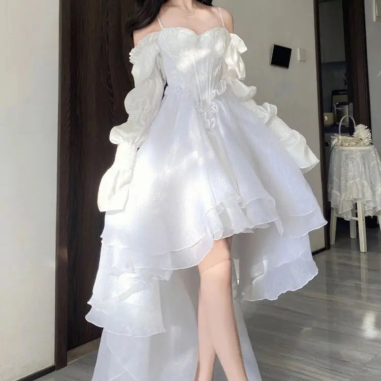 🤍✨ Vestido Francés Lolita Blanco con Encaje y Volantes – Estilo Princesa Vintage ✨🤍