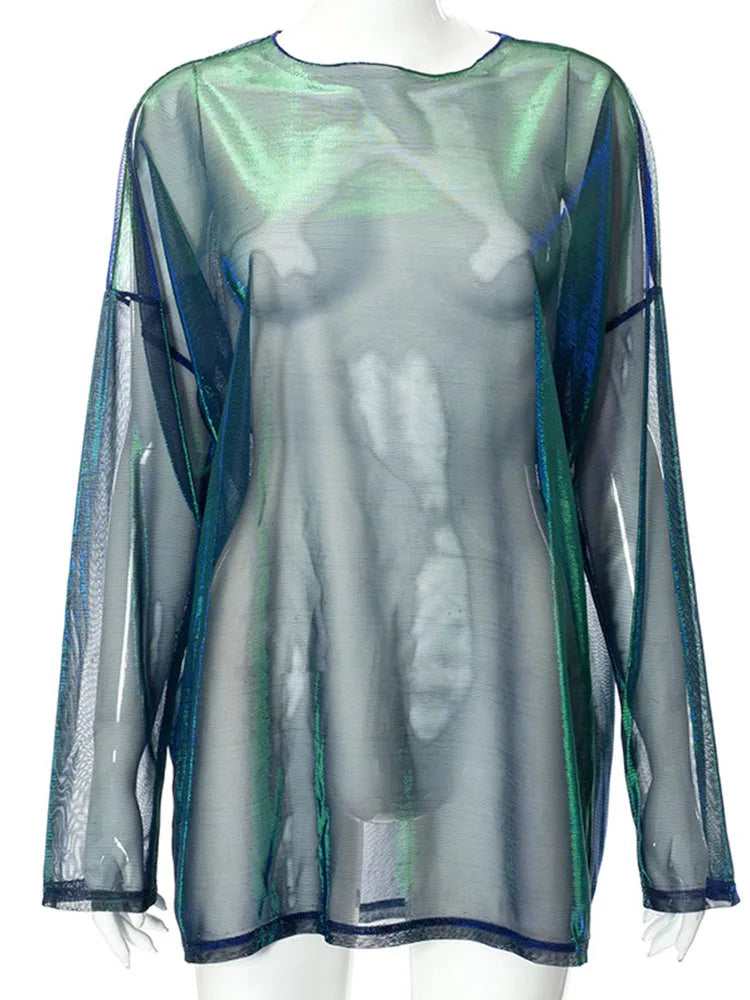 🔥👚 Camiseta Transparente Sólida para Mujer – Top Sexy de Manga Larga, Cuello Redondo, Estilo Y2K Egirl para Club 🎉✨