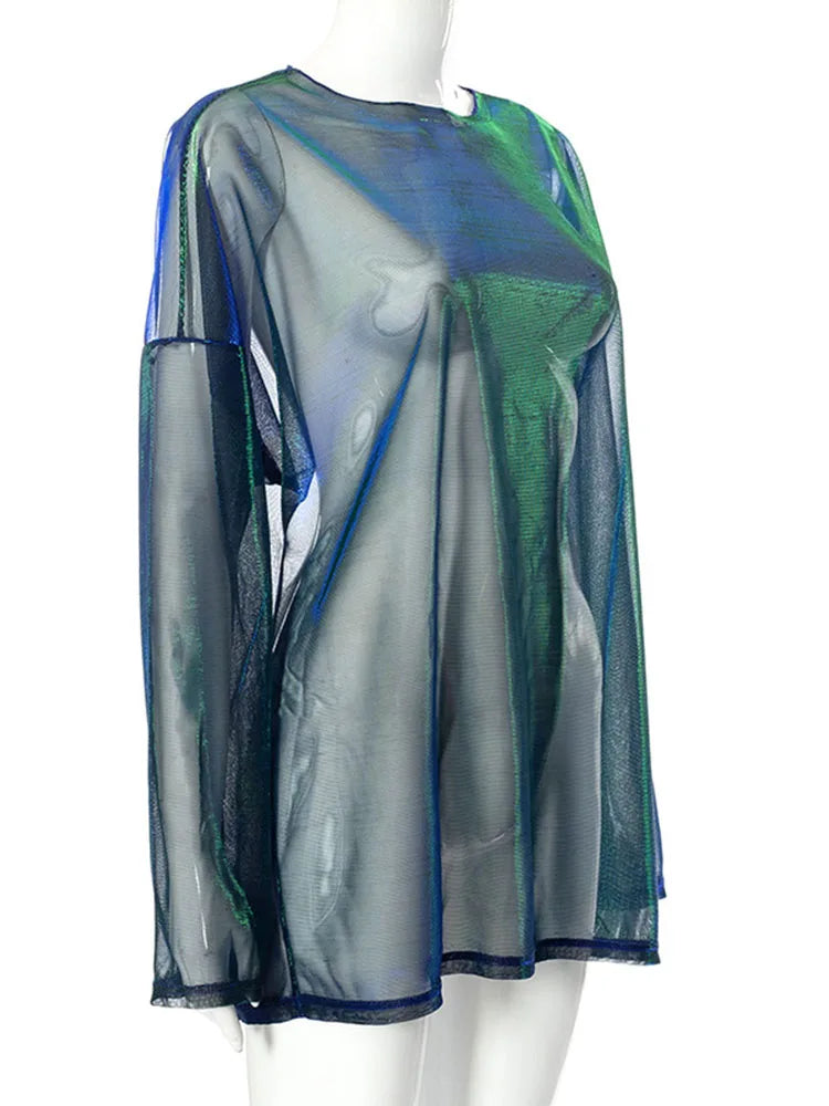 🔥👚 Camiseta Transparente Sólida para Mujer – Top Sexy de Manga Larga, Cuello Redondo, Estilo Y2K Egirl para Club 🎉✨