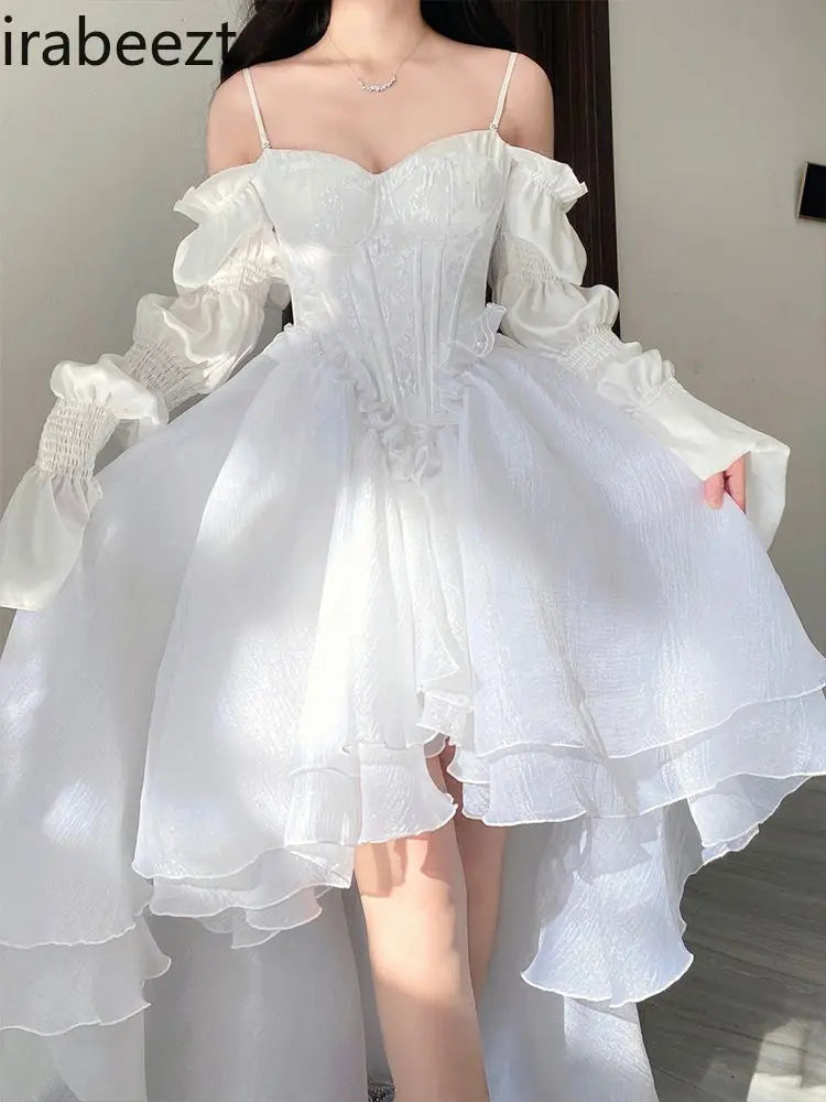🤍✨ Vestido Francés Lolita Blanco con Encaje y Volantes – Estilo Princesa Vintage ✨🤍