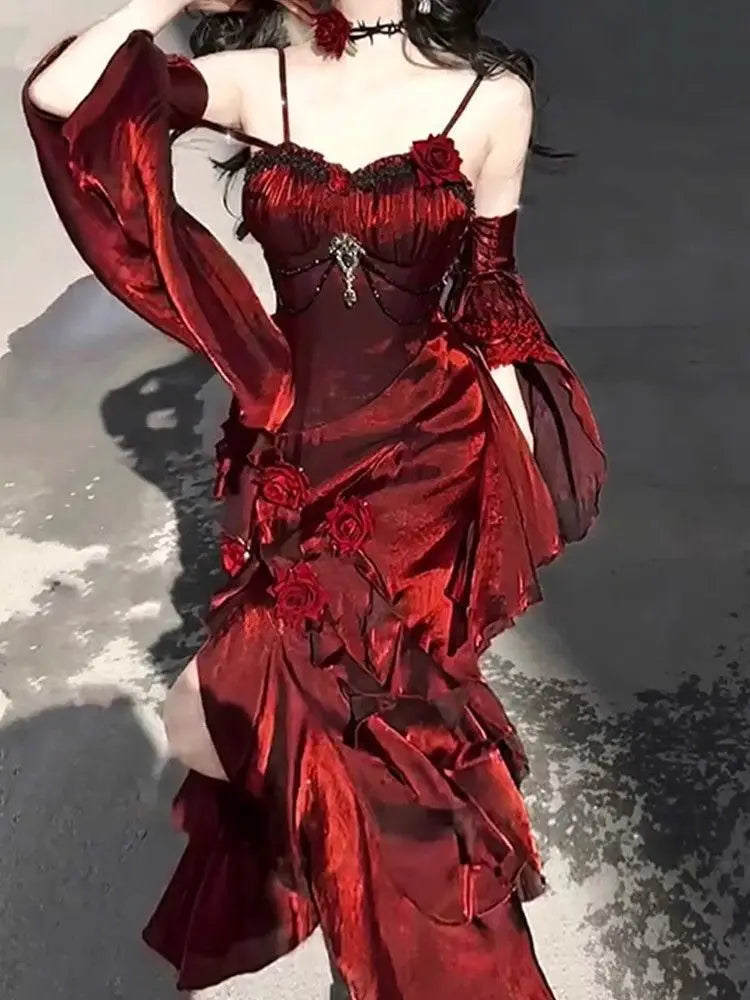 🌹👑 Vestido Lolita Sirena Rosa Roja – Elegante Vestido de Diosa para Ceremonias y Eventos 👑🌹