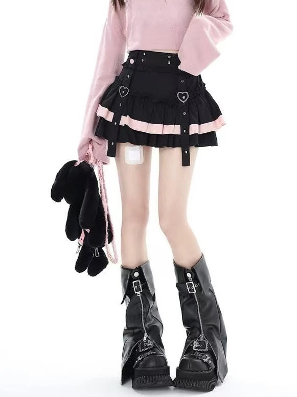 🎀✨ Falda Mini Japonesa Lolita para Mujer – Cintura Alta Negra con Encaje y Diseño Chic Y2K 🍰👗