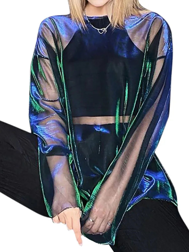 🔥👚 Camiseta Transparente Sólida para Mujer – Top Sexy de Manga Larga, Cuello Redondo, Estilo Y2K Egirl para Club 🎉✨