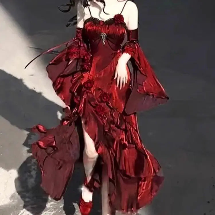 🌹👑 Vestido Lolita Sirena Rosa Roja – Elegante Vestido de Diosa para Ceremonias y Eventos 👑🌹