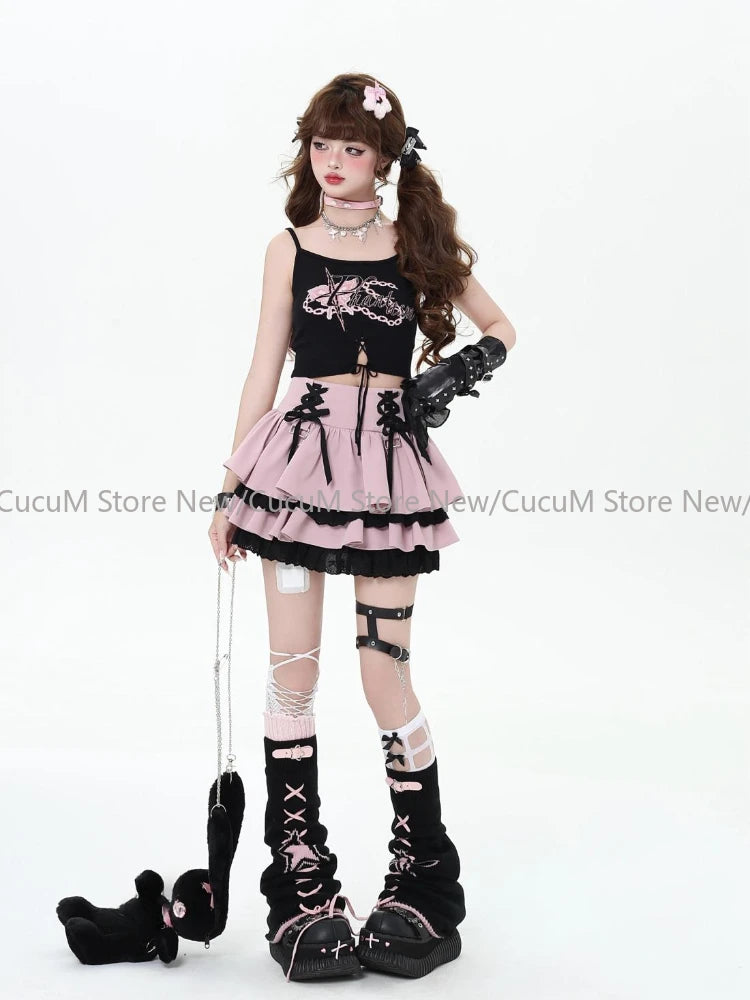 🎀✨ Falda Mini Japonesa Lolita para Mujer – Cintura Alta Negra con Encaje y Diseño Chic Y2K 🍰👗