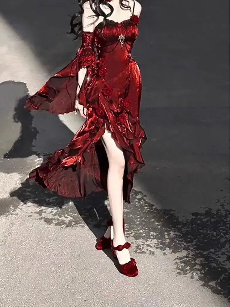 🌹👑 Vestido Lolita Sirena Rosa Roja – Elegante Vestido de Diosa para Ceremonias y Eventos 👑🌹