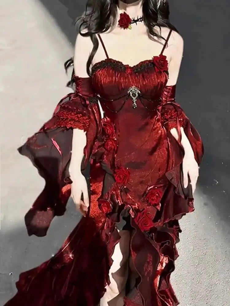 🌹👑 Vestido Lolita Sirena Rosa Roja – Elegante Vestido de Diosa para Ceremonias y Eventos 👑🌹