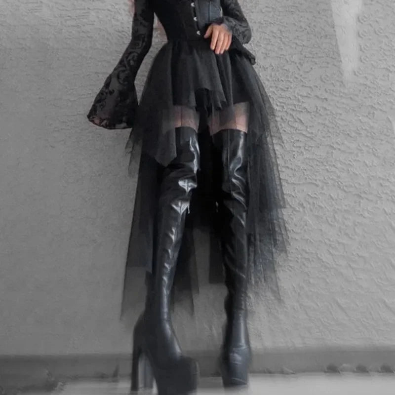 🖤✨ Falda Versátil para Mujer Estilo Gótico 🎀 Tulle Irregular de Cintura Alta Sexy Casual Harajuku Y2K Vintage