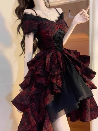 🖤❤️ Vestido Gótico Negro y Rojo con Volantes – Estilo Lolita Dulce y Fresco 🖤❤️