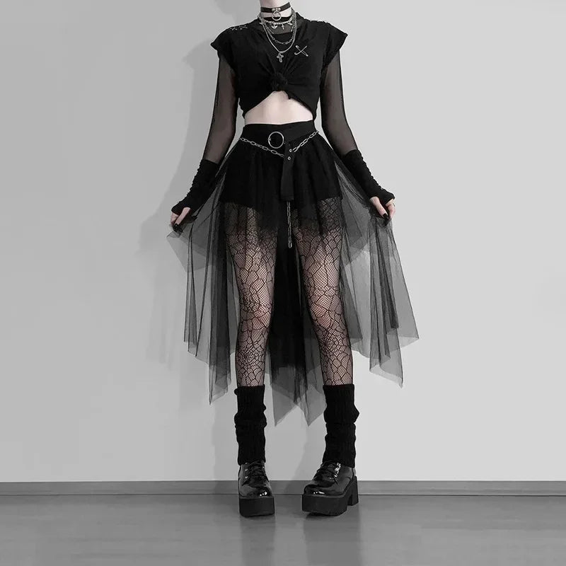 🖤✨ Falda Versátil para Mujer Estilo Gótico 🎀 Tulle Irregular de Cintura Alta Sexy Casual Harajuku Y2K Vintage
