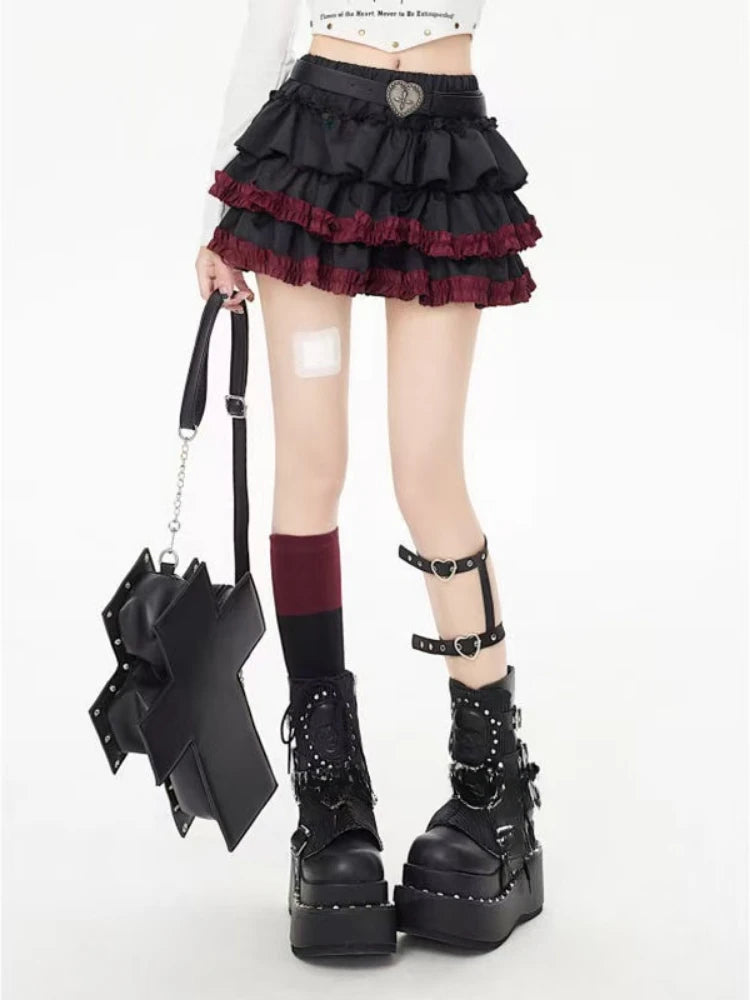 🎀✨ Falda Mini Japonesa Lolita para Mujer – Cintura Alta Negra con Encaje y Diseño Chic Y2K 🍰👗
