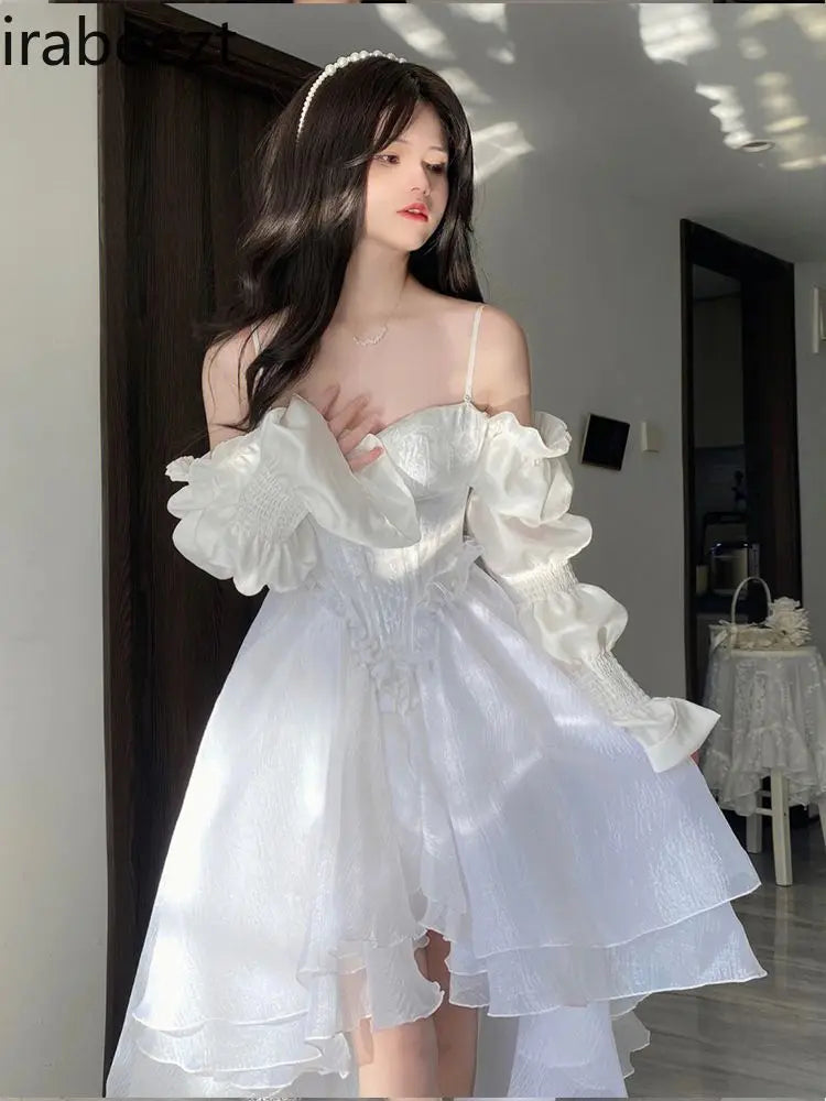 🤍✨ Vestido Francés Lolita Blanco con Encaje y Volantes – Estilo Princesa Vintage ✨🤍