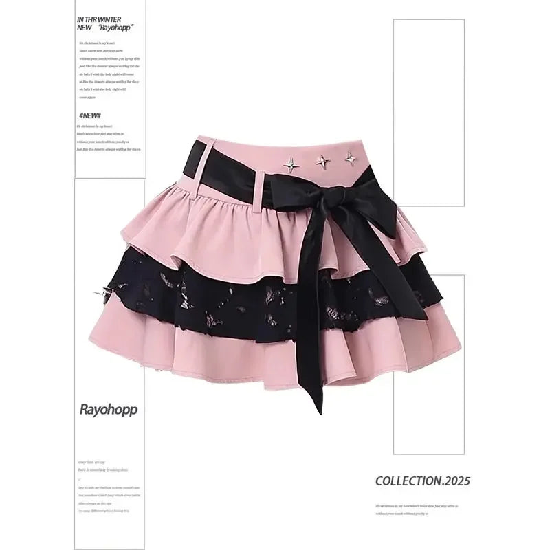 🎀✨ Falda Capas con Lazo Y2K – Mini Falda A-Line Punk Dulce para Mujer 👗🌞 Verano 2025 👑 Ruffles, Patchwork & Estilo Gótico Lolita 🖤