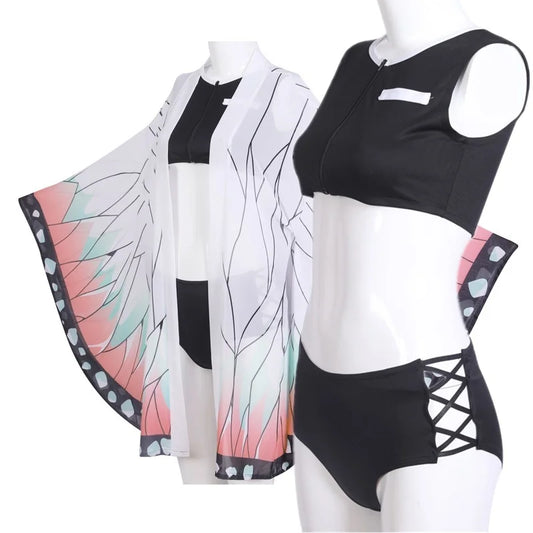 🦋💜 Two Piece Cosplay Swimsuit Kochou Shinobu + Kimono Sheer Cardigan 💜🦋