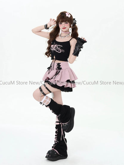 🎀✨ Falda Mini Japonesa Lolita para Mujer – Cintura Alta Negra con Encaje y Diseño Chic Y2K 🍰👗