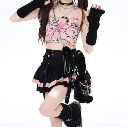 🐱🎨 Kitten Graffiti – Set de Verano con Top Halter y Falda Mini Estampada 🍰👗 Outfit Dulce y Picante para Mujer 🔥☀️