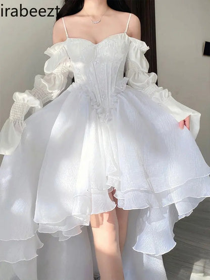🤍✨ Vestido Francés Lolita Blanco con Encaje y Volantes – Estilo Princesa Vintage ✨🤍