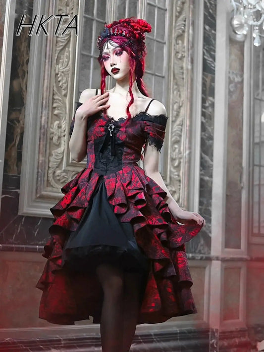 🖤❤️ Vestido Gótico Negro y Rojo con Volantes – Estilo Lolita Dulce y Fresco 🖤❤️