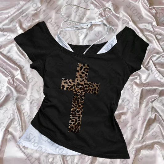 🐆✨ Top Y2K Harajuku Streetwear – Estilo 90s Leopard Print & Cross Graphic