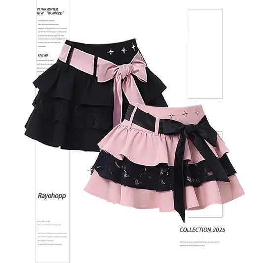 🎀✨ Falda Capas con Lazo Y2K – Mini Falda A-Line Punk Dulce para Mujer 👗🌞 Verano 2025 👑 Ruffles, Patchwork & Estilo Gótico Lolita 🖤