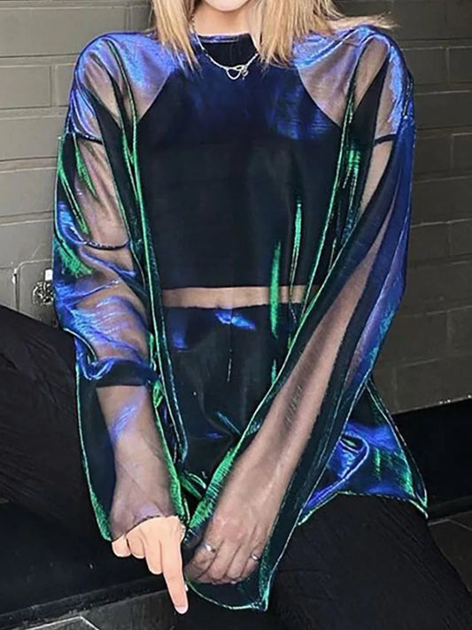 🔥👚 Camiseta Transparente Sólida para Mujer – Top Sexy de Manga Larga, Cuello Redondo, Estilo Y2K Egirl para Club 🎉✨