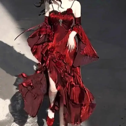 🌹👑 Vestido Lolita Sirena Rosa Roja – Elegante Vestido de Diosa para Ceremonias y Eventos 👑🌹