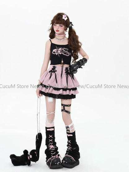 🎀✨ Falda Mini Japonesa Lolita para Mujer – Cintura Alta Negra con Encaje y Diseño Chic Y2K 🍰👗