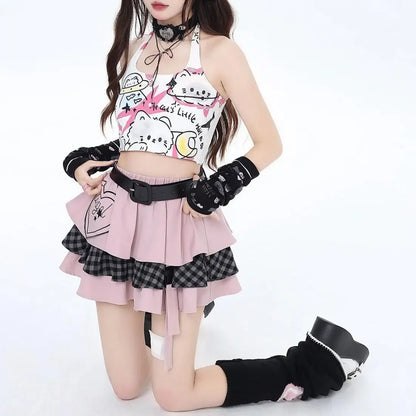 🐱🎨 Kitten Graffiti – Set de Verano con Top Halter y Falda Mini Estampada 🍰👗 Outfit Dulce y Picante para Mujer 🔥☀️