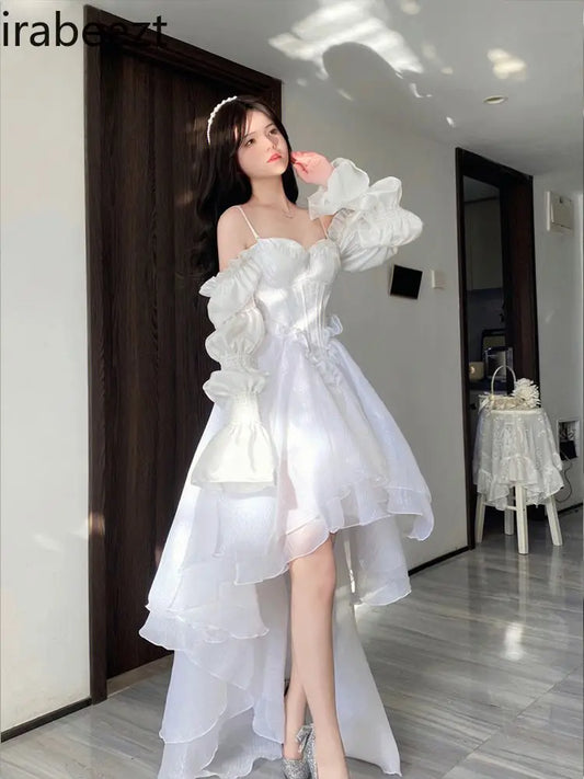 🤍✨ Vestido Francés Lolita Blanco con Encaje y Volantes – Estilo Princesa Vintage ✨🤍