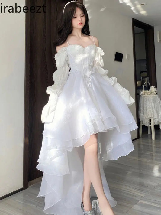 🤍✨ Vestido Francés Lolita Blanco con Encaje y Volantes – Estilo Princesa Vintage ✨🤍