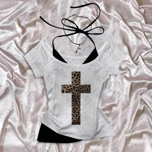 🐆✨ Top Y2K Harajuku Streetwear – Estilo 90s Leopard Print & Cross Graphic
