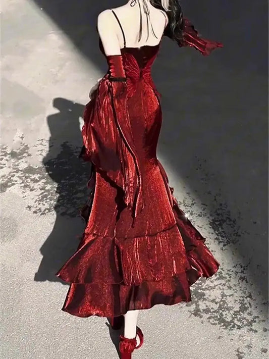 🌹👑 Vestido Lolita Sirena Rosa Roja – Elegante Vestido de Diosa para Ceremonias y Eventos 👑🌹