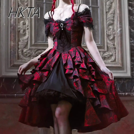 🖤❤️ Vestido Gótico Negro y Rojo con Volantes – Estilo Lolita Dulce y Fresco 🖤❤️