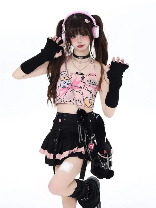 🐱🎨 Kitten Graffiti – Set de Verano con Top Halter y Falda Mini Estampada 🍰👗 Outfit Dulce y Picante para Mujer 🔥☀️